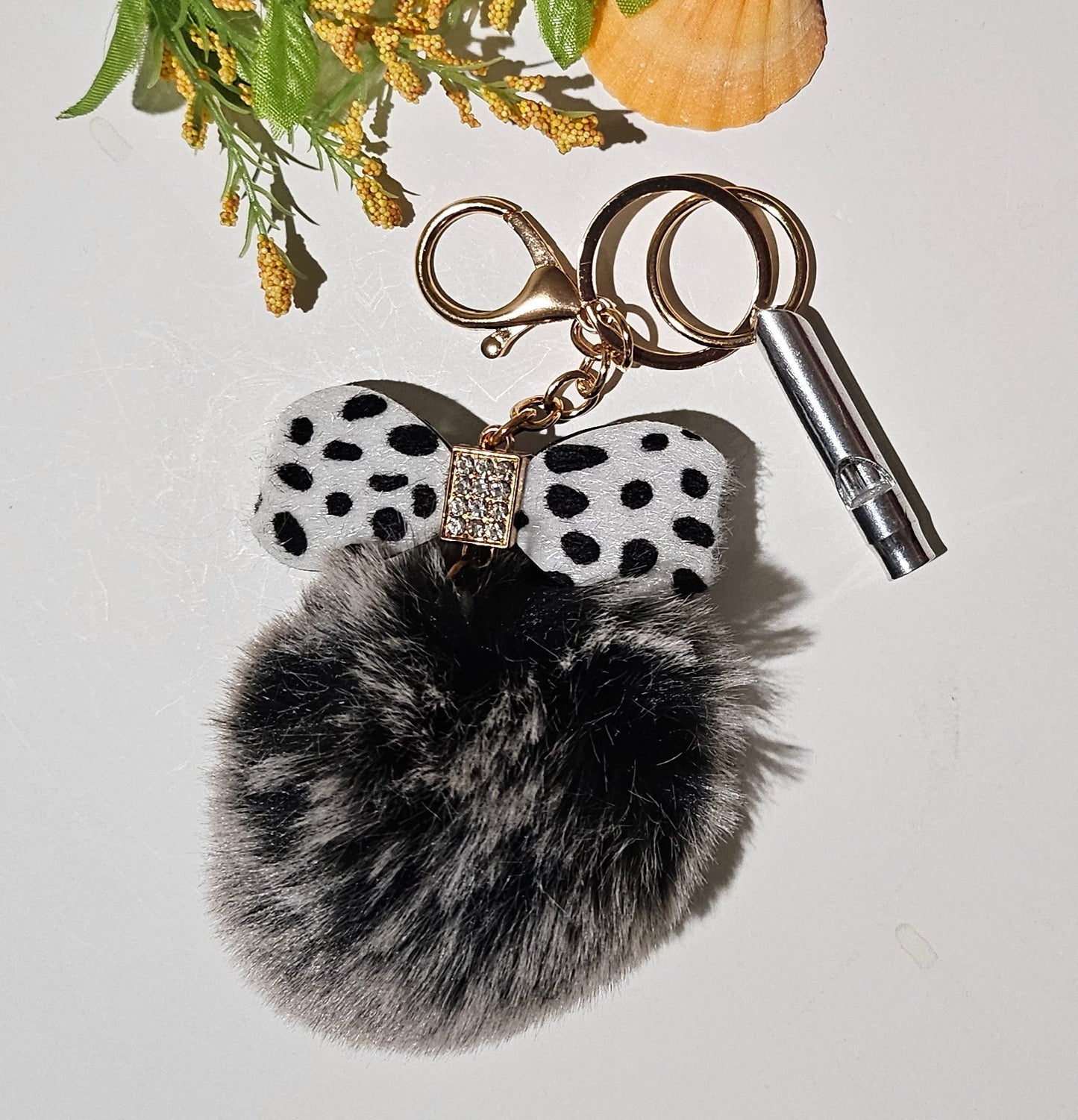 Pom Pom Bow Keychain with Whistle