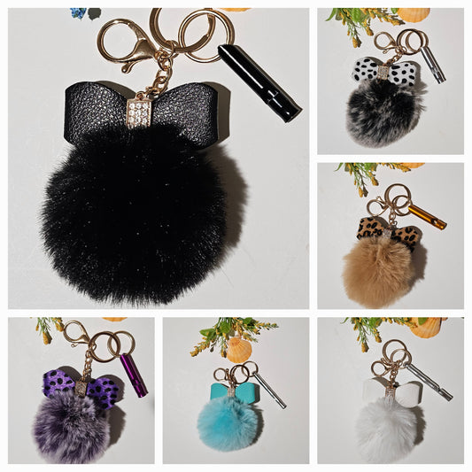 Pom Pom Bow Keychain with Whistle